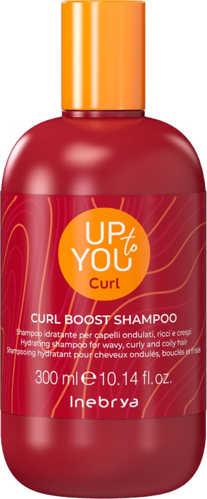rote-flasche-des-inebrya-up-to-you-curl-boost-shampoos-mit-orangem-deckel-und-300-ml-inhalt–feuchtigkeitsspendendes-shampoo-fuer-welliges-gelocktes-und-krauses-haar