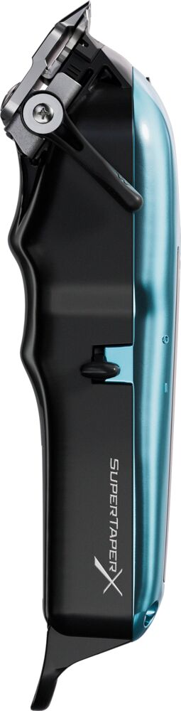 wahl-kabellose-haarschneidemaschine-mit-verstellhebel-in-metallic-blau-und-led-anzeige-von-vorne-seitliche-ansicht