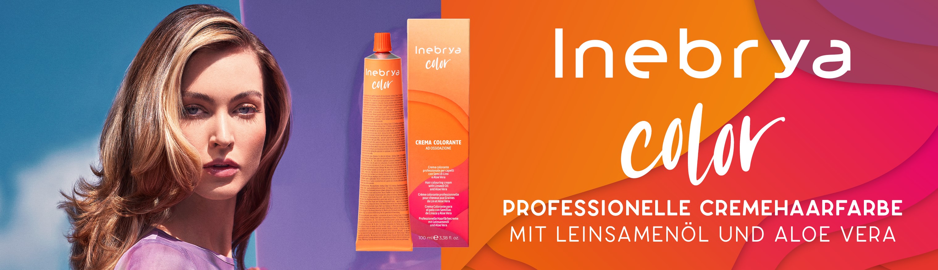 inebrya-banner-mit-farbtube-und-verpackung-modell-mit-braunen-haaren-und-blonden-straehnen-und-slogan