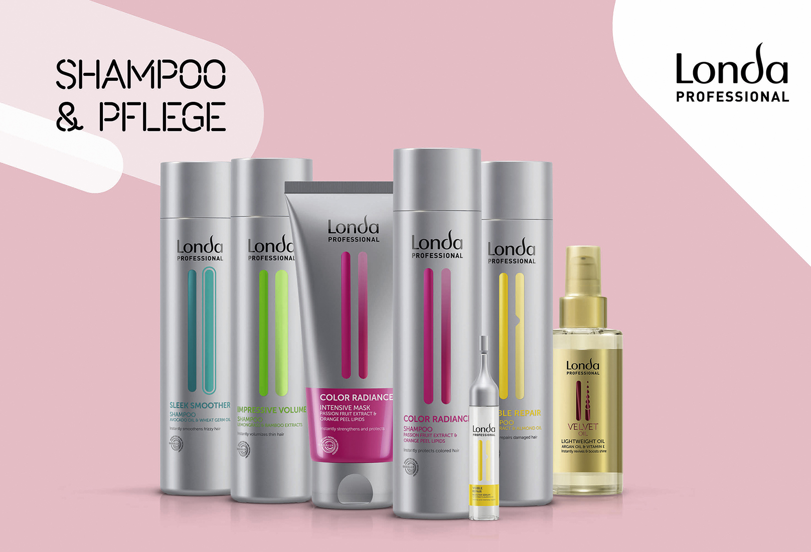 londa-professional-shampoo-und-pflegeprodukte-verschiedener-serien-auf-rosa-hintergrund–inklusive-sleek-smoother-impressive-volume-color-radiance-visible-repair-und-velvet-oil