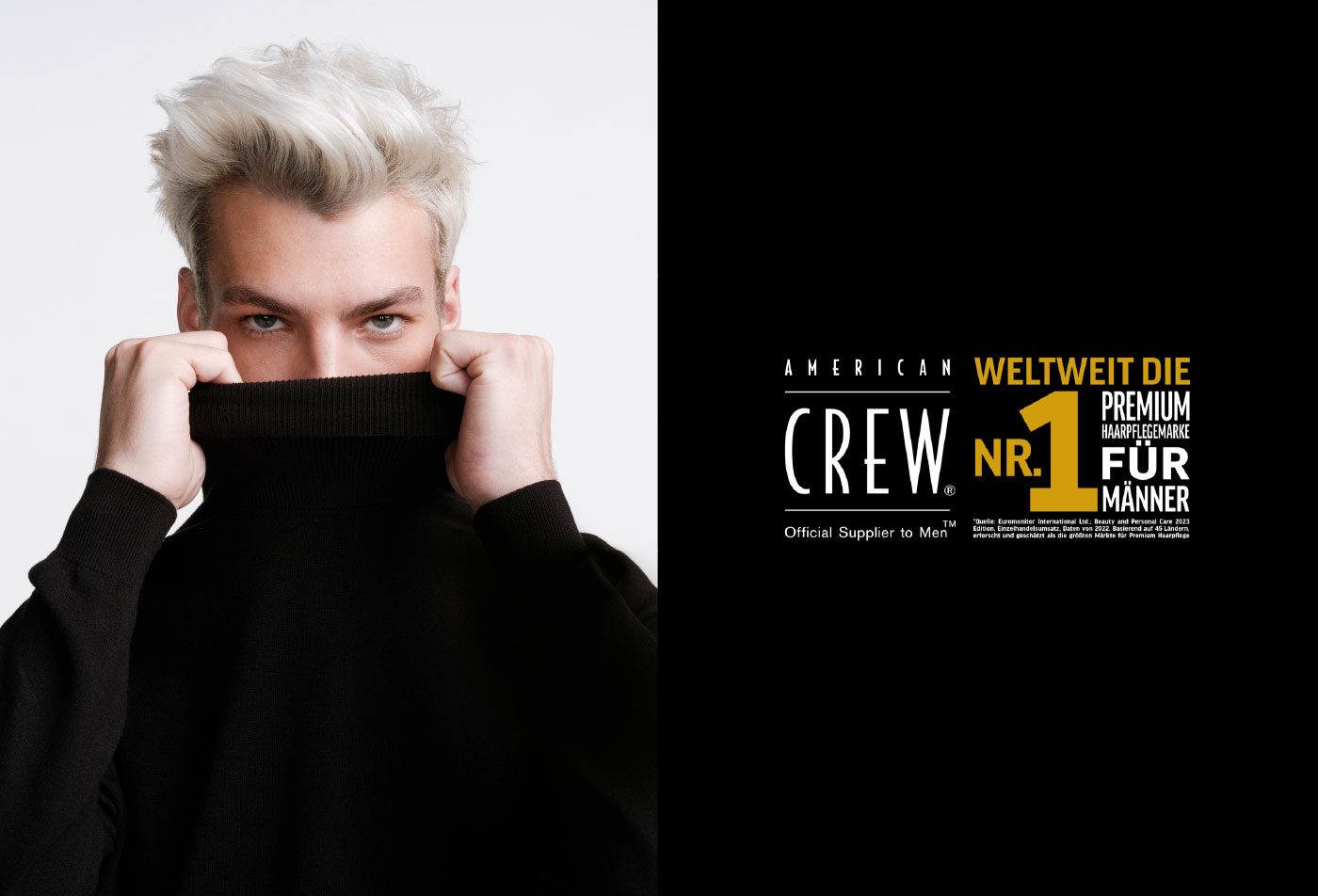 merican crew logo und mann mit rollkragenpullover und blond gefaerbten haaren