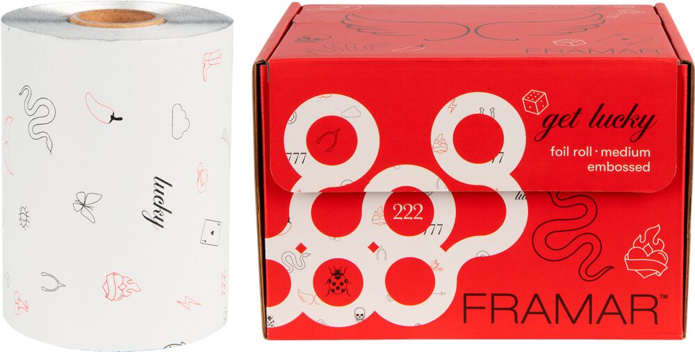 framar-embossed-roll-get-lucky-straehnenfolie-97m-rolle-weiss-mit-icons