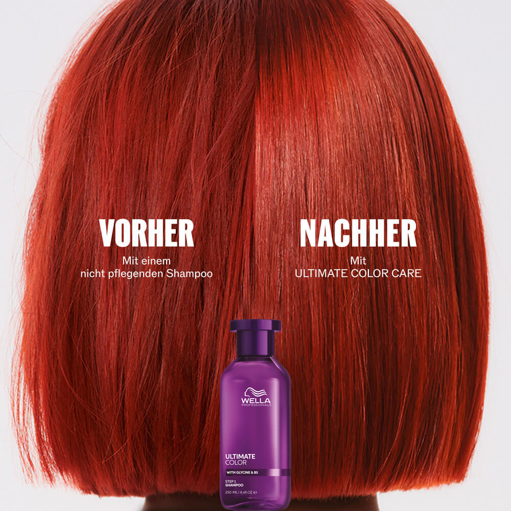 wella-professionals-ultimate-color-vorher-nachher-bild-mit-rotem-haar-und-vergleich-zwischen-herkoemmlichem-shampoo-und-ultimate-color-care