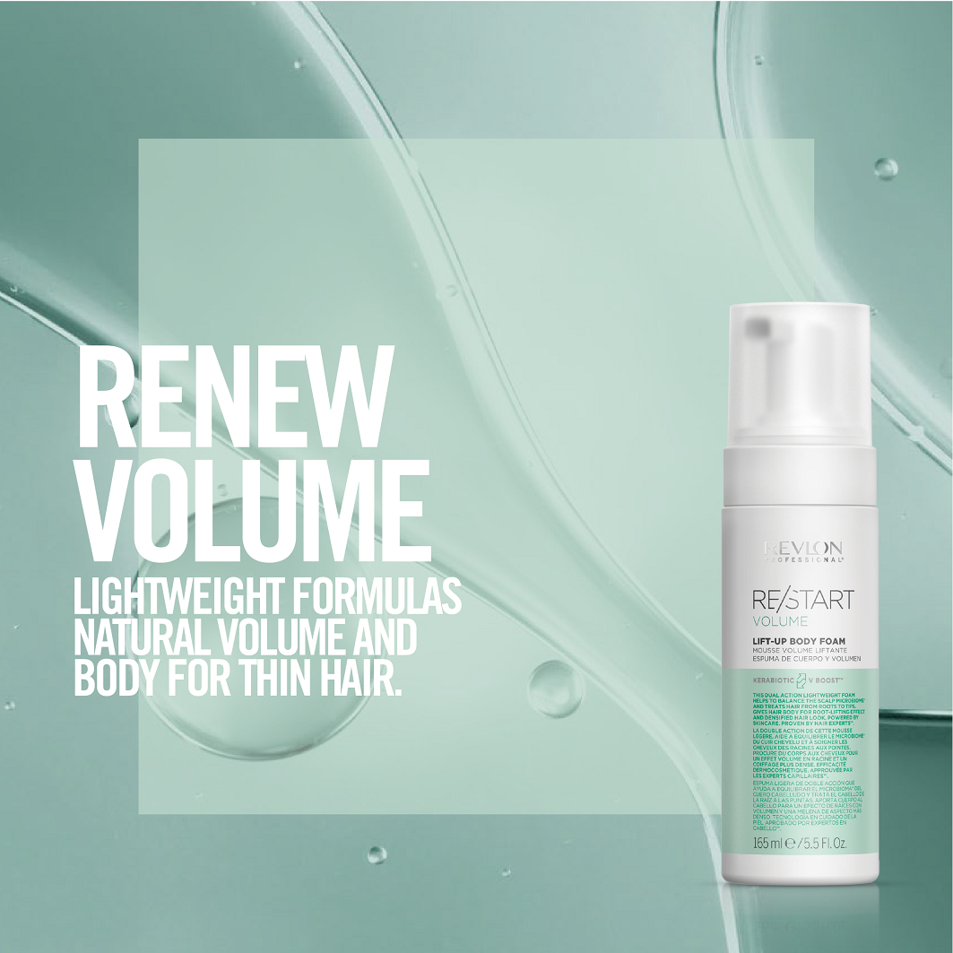 revlon-professional-re-start-volume-lift-up-body-foam-fuer-feines-haar-weiss-gruene-flasche-165-ml-vorteile-auf-einem-gruenen-hintergrund