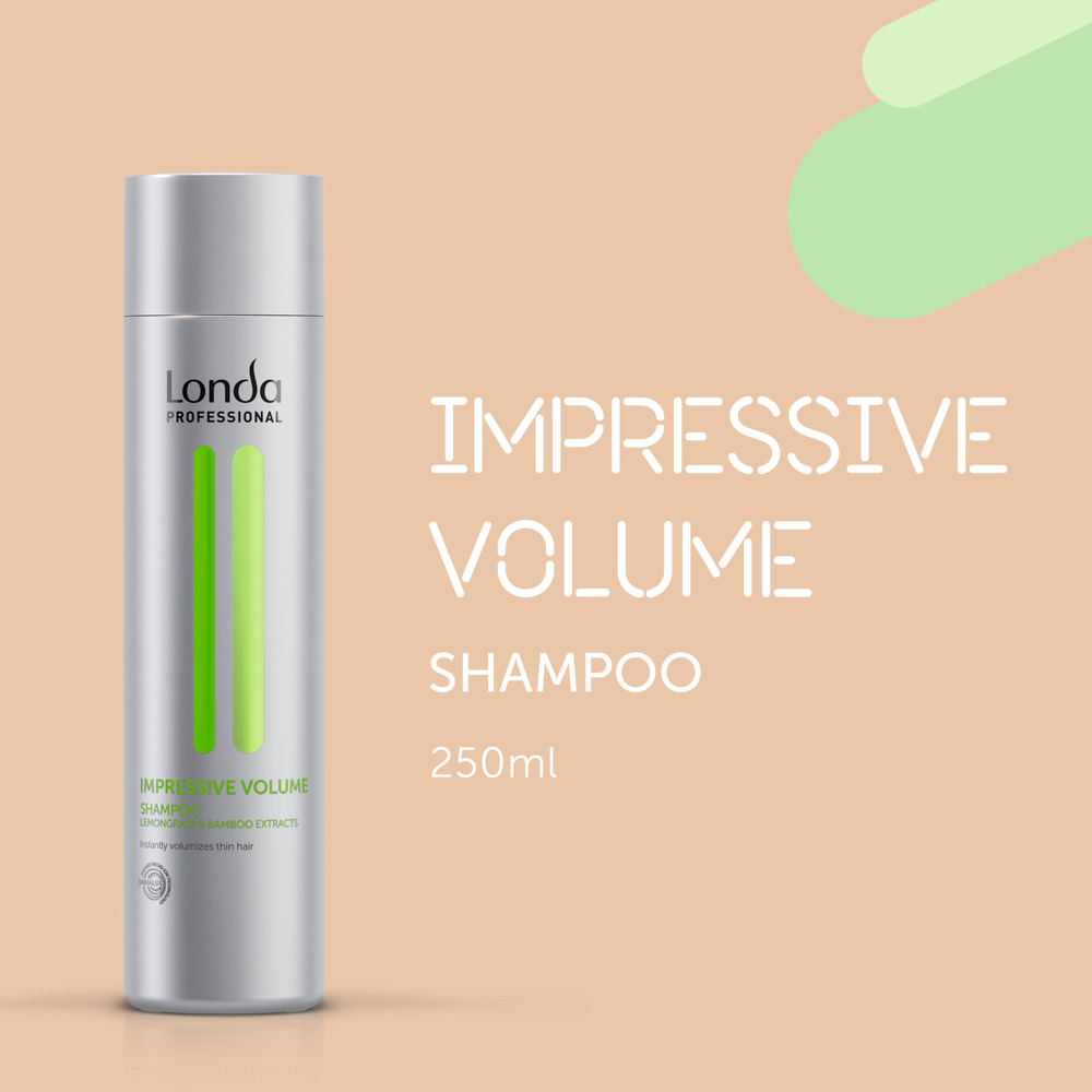 londa-professional-impressive-volume-shampoo-250ml-fuer-feines-haar-silberne-flasche-mit-neongruenem-streifen-auf-beigem-hintergrund