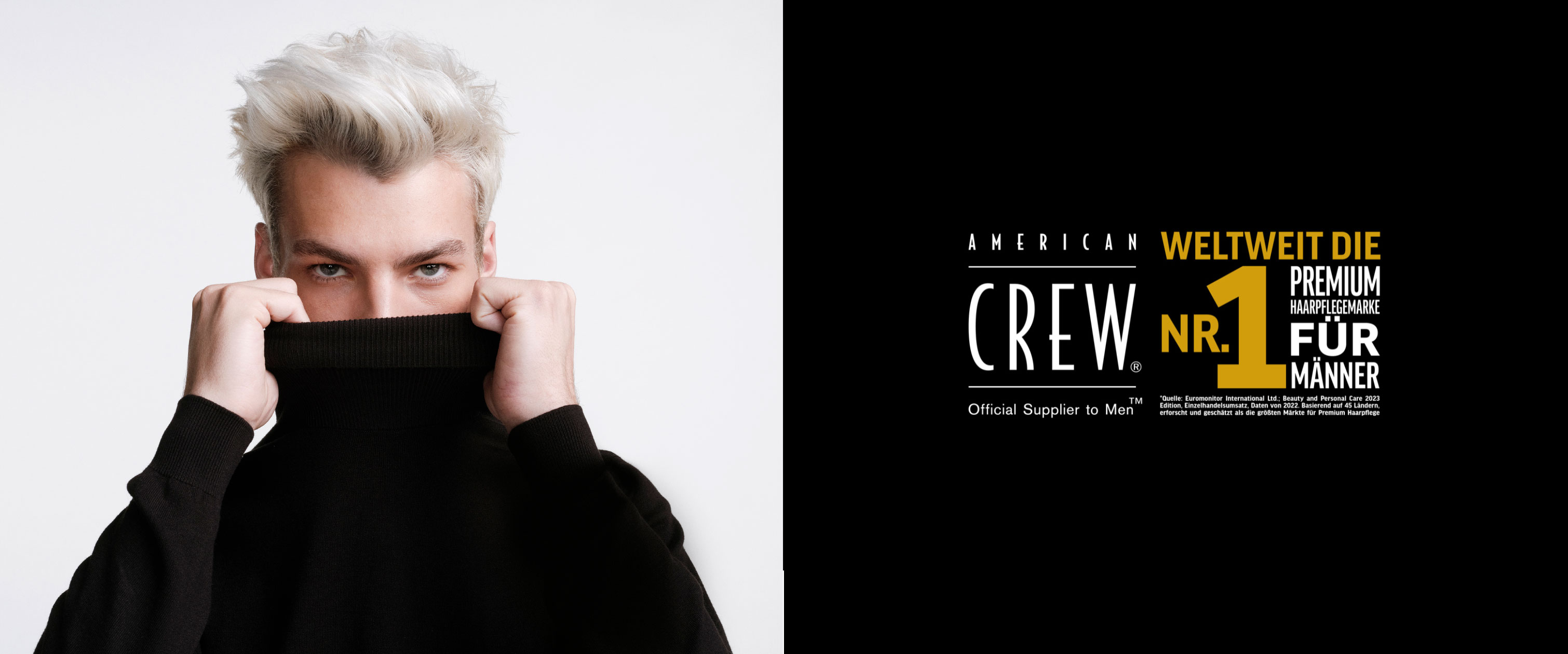 american crew logo plus mann mit rollkragenpullover und blond gefaerbten haaren