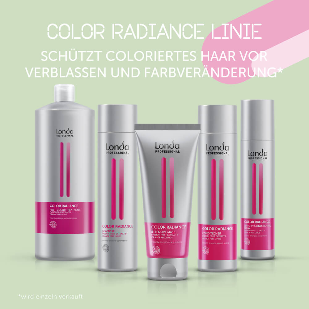 londa-professional-color-radiance-produktserie-mit-fuenf-produkten-auf-gruenem-hintergrund-zur-pflege-von-coloriertem-haar