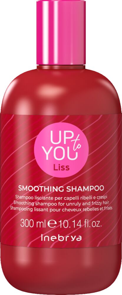 rote-flasche-des-inebrya-up-to-you-liss-smoothing-shampoos-mit-pinkfarbenem-deckel-und-300-ml-inhalt–glattmachendes-shampoo-fuer-widerspenstiges-und-frizziges-haar