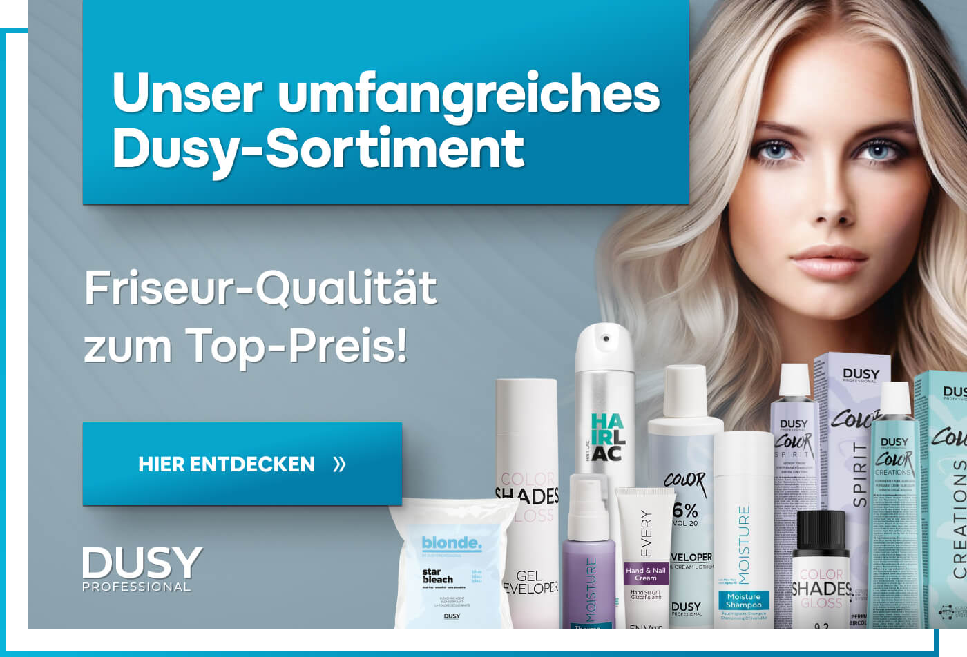 dusy-salonprodukte-blondes-modell-mit-auswahl-an-produkten-und-logo